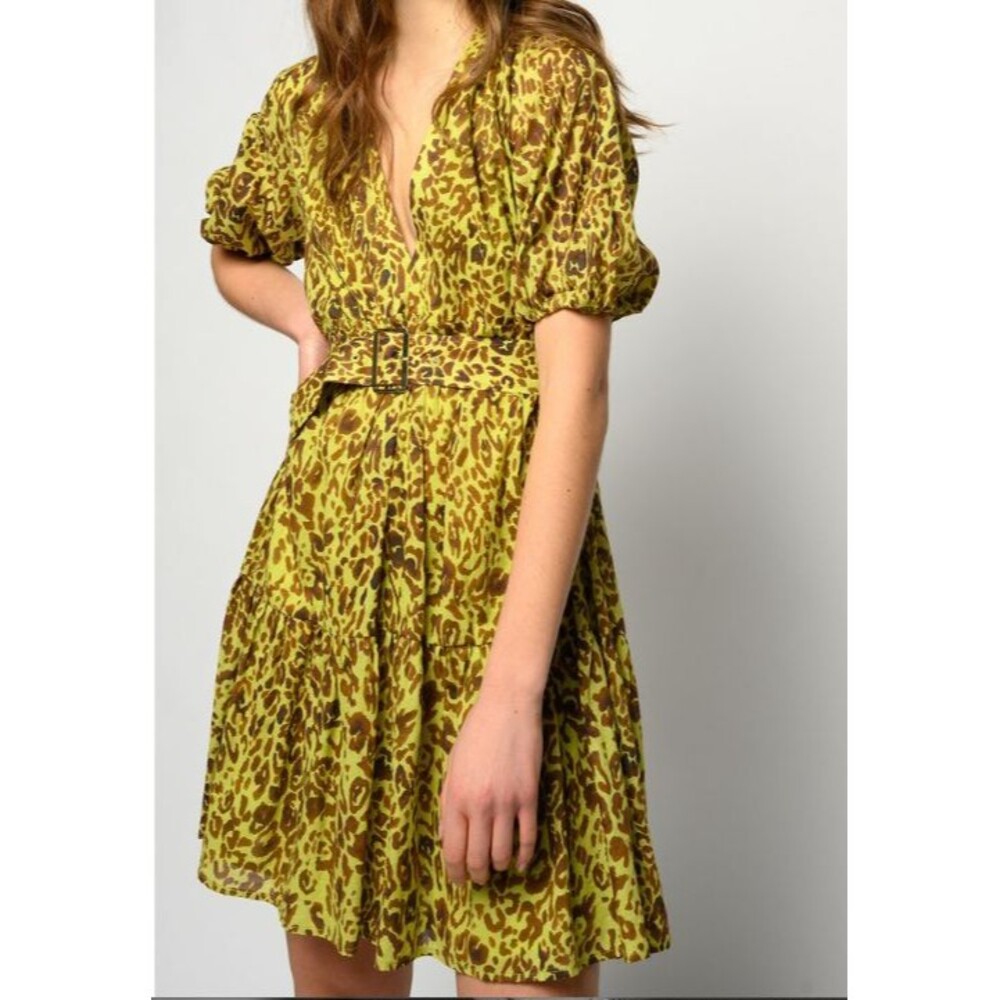PINKO Leopard Print Chartreuse Puff Sleeve Belted Mini Dress SZ 2 Made in Italy